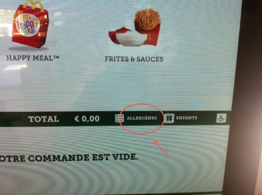 onglet pour le choix des allergènes